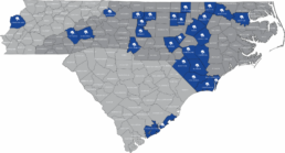 map of Liberty Health and Rehab locations in North Carolina, South Carolina, and Tennessee